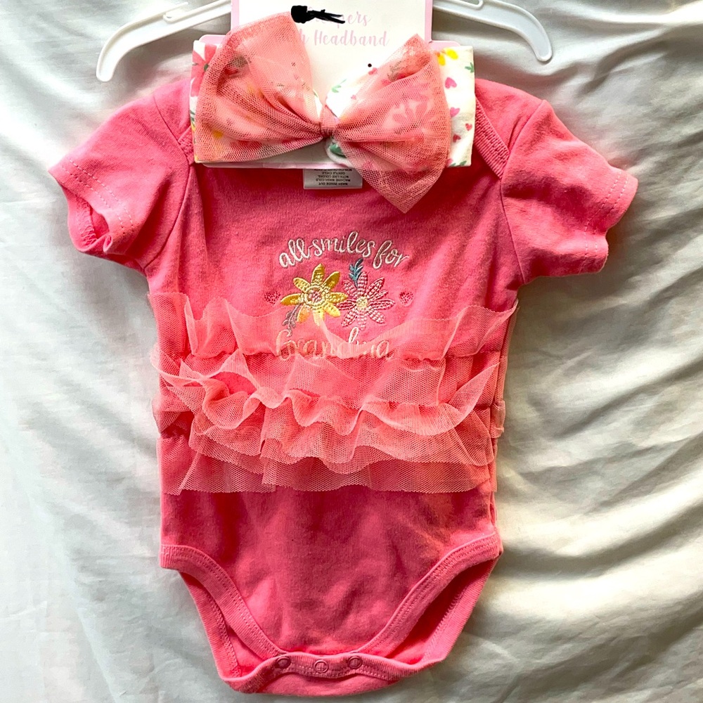 NEW!!! Princess Rose Pink Baby Top with Floral Embroidery headband baby 6-9m